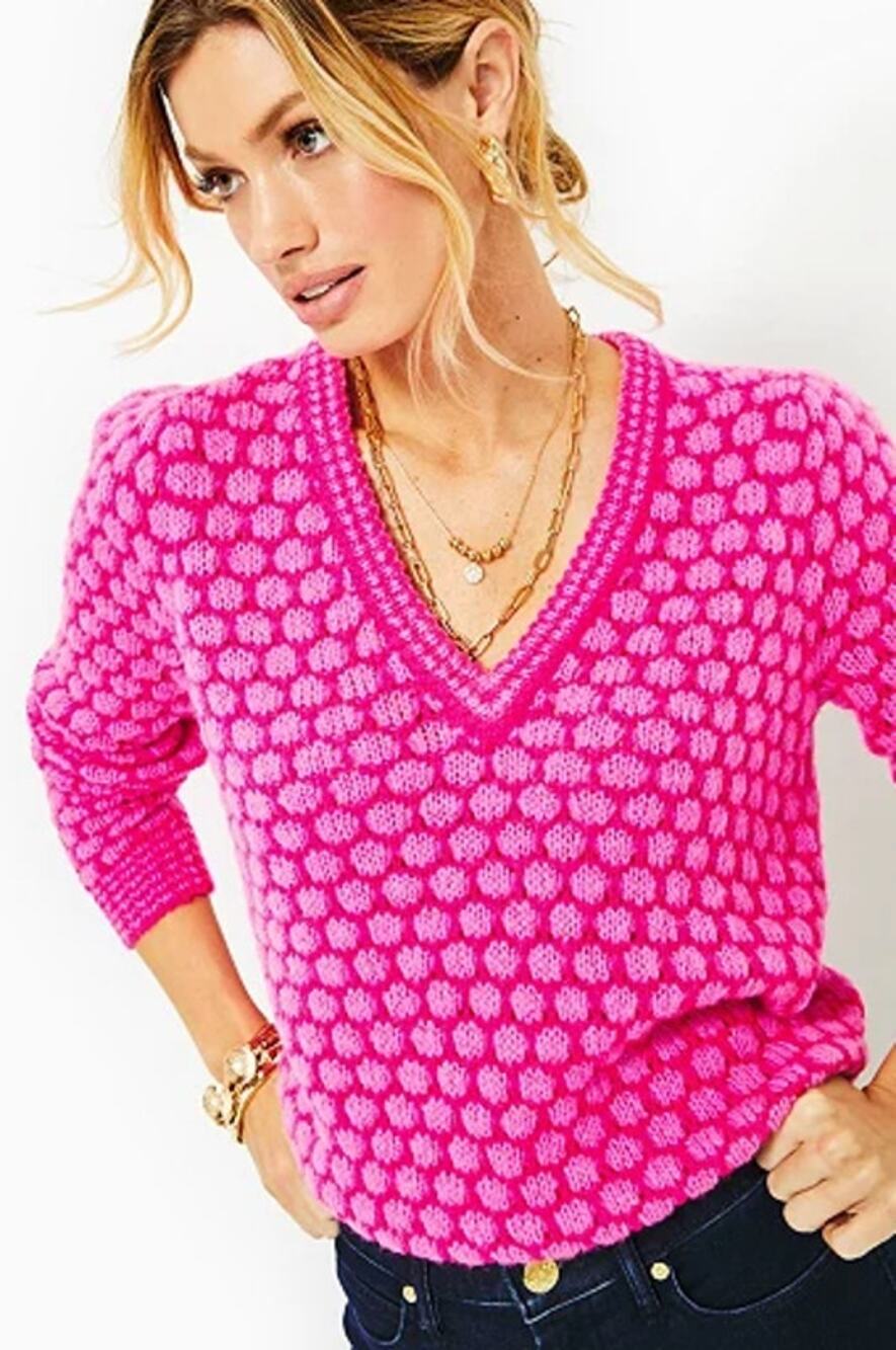 Lilly Pulitzer Brista Sweater Pink Palms Honeycomb Knit V Neck Womens Small